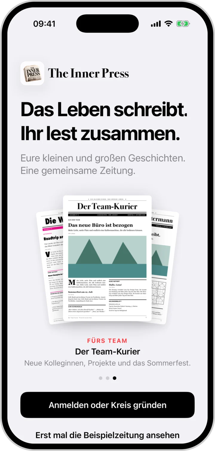 Willkommensbildschirm von The Inner Press